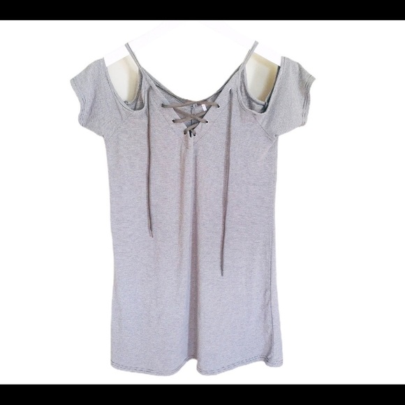 POOF! (Nordstrom) Cold Shoulder Mini Dress With Lace Up Detail Grey Stripe Large - Picture 9 of 13